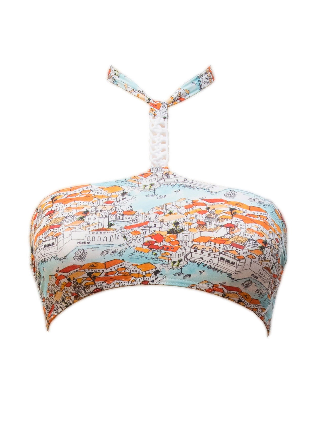 THEONI PARIS Maillot de bain bandeau 2 pièces Amore Mio imprimé haut de gamme, tissu de grande qualité, durable, sèche rapidement, se noue dans le cou ou au milieu devant